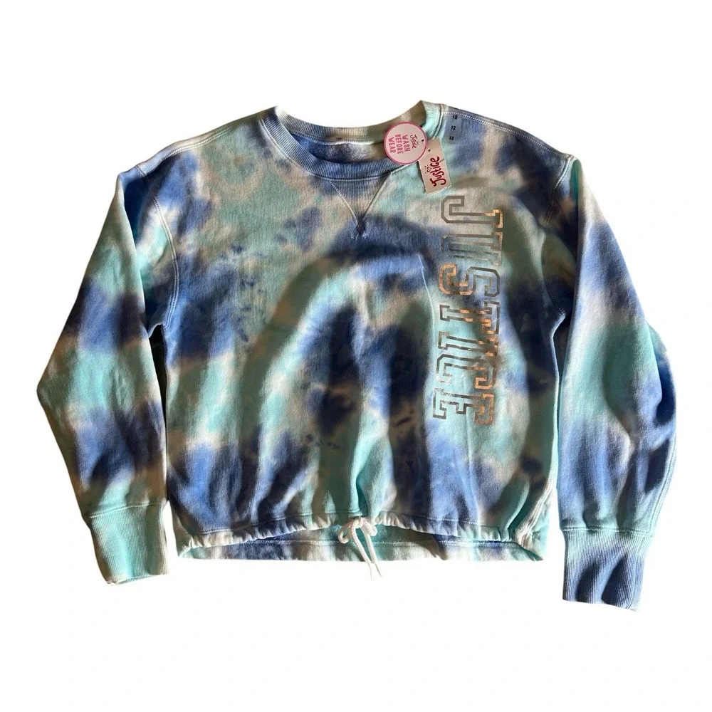 NWT Justice Active Girls Tie Dye Crop Sweatshirt Blue Size 12 Drawstring Hem